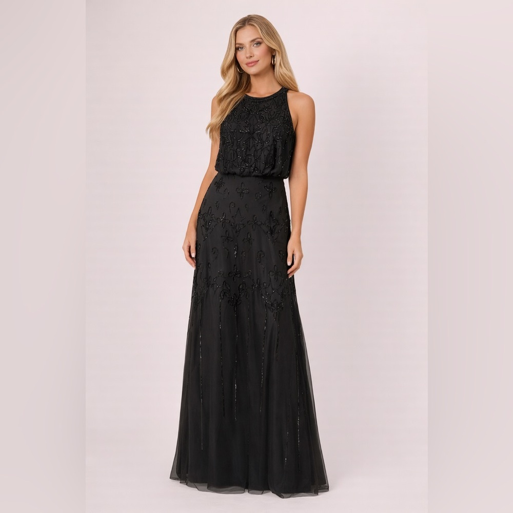 Adrianna Papell Black Beaded Gown SZ 0 NWT Formal Evening Dress Elegant GALA MOB